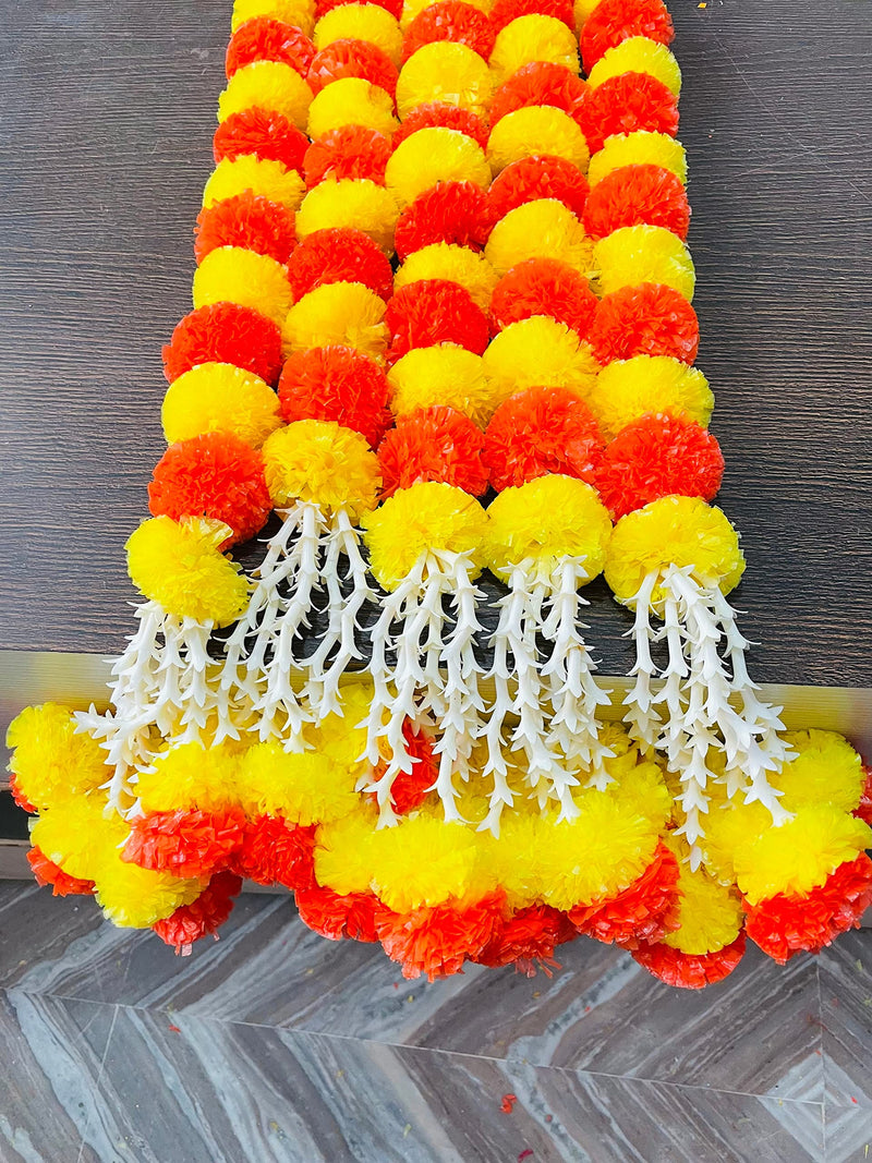 SPHINX artificial marigold fluffy flowers and tuberose (rajnigandha) clustered garlands for festive pooja wedding housewarming decorations- (Approx 5 ft - 10 Pieces, Yellow & Dark Orange)