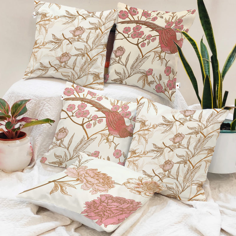 BRICK HOME Floral Printed Poly Cotton Cushion Covers Set of 5 (16 X 16 Inches)