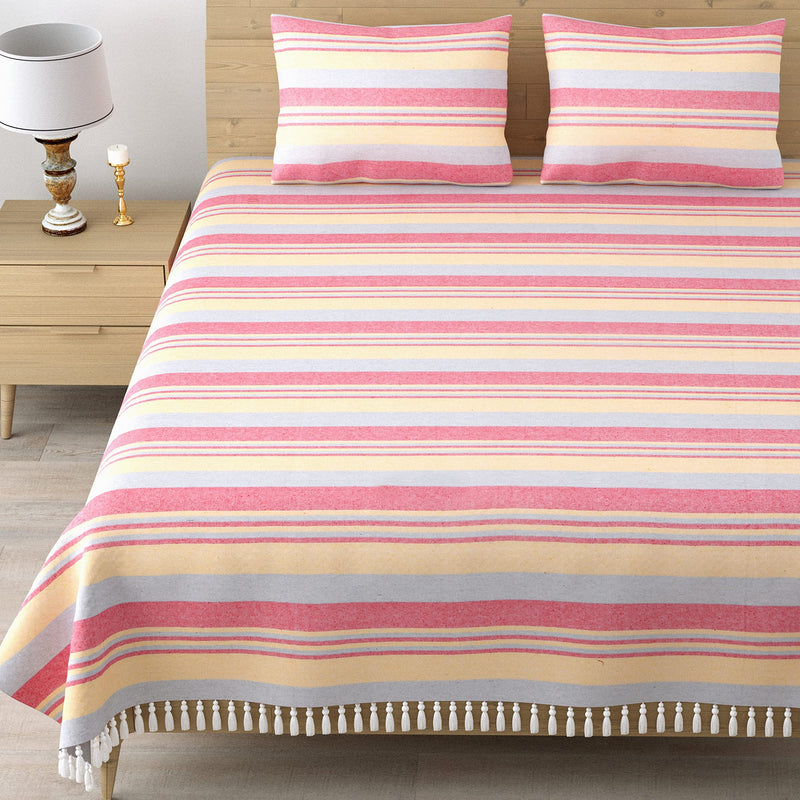 Värde 210 TC Kerala Double Bedsheet with 2 Pillow Cover | Handloom Cotton Bedsheets for Double Bed | Woven Striped Bedcover | All Season | Size 240cmx220cm Pillow 68cmx43cm | Muted Pink