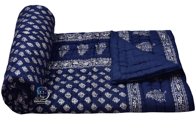 AUROSTYLE 400 TC Pure Organic Cotton Super Super Soft Jaipuri AC Quilt/Razai/Rajai Floral Print, Butti Design Printed Jaipuri Razai for Winter(Blue with Daie Gold Print, Double Bed)