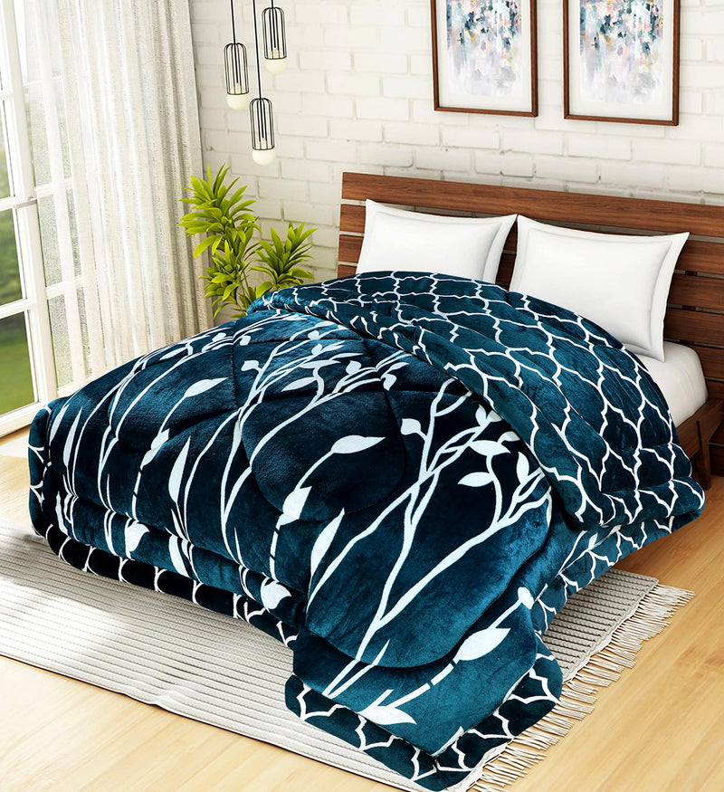 Warmland Soft Touch Microfibre Double Bed Winter Heavy Quilt Razai, Lightweight, Blue Leaf