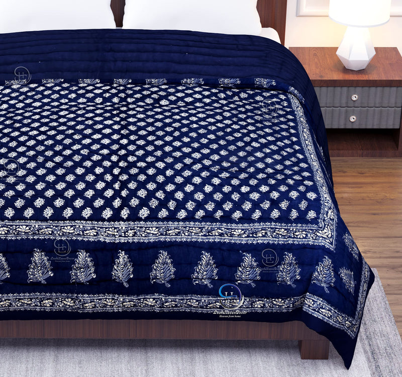 LushHavenDecor 210 TC Double Bed Jaipuri Razai Organic Pure Cotton Jaipuri rajai Ac Quilt for All Season Soft Cotton Comforter 85 x 100 inch, Blue, Pack of 1