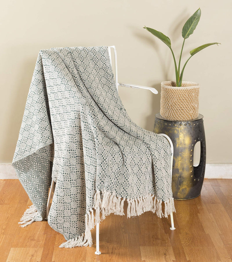 Ravaiyaa - Attitude is everything Cotton Soft Blanket Hand Knitted Winter Warm Comforter Throw AC Blanket Sofa Couch Throw Blanket (Green Ikat)