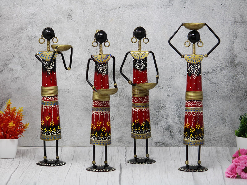 JH Gallery Handmade Handcrafted Wrought Iron Tribal Village Lady Doll Nerga Worker Showpiece Decorative Items for Home Décor (Length 3 inch *Height 13.5 inch) Set of 4 pcs