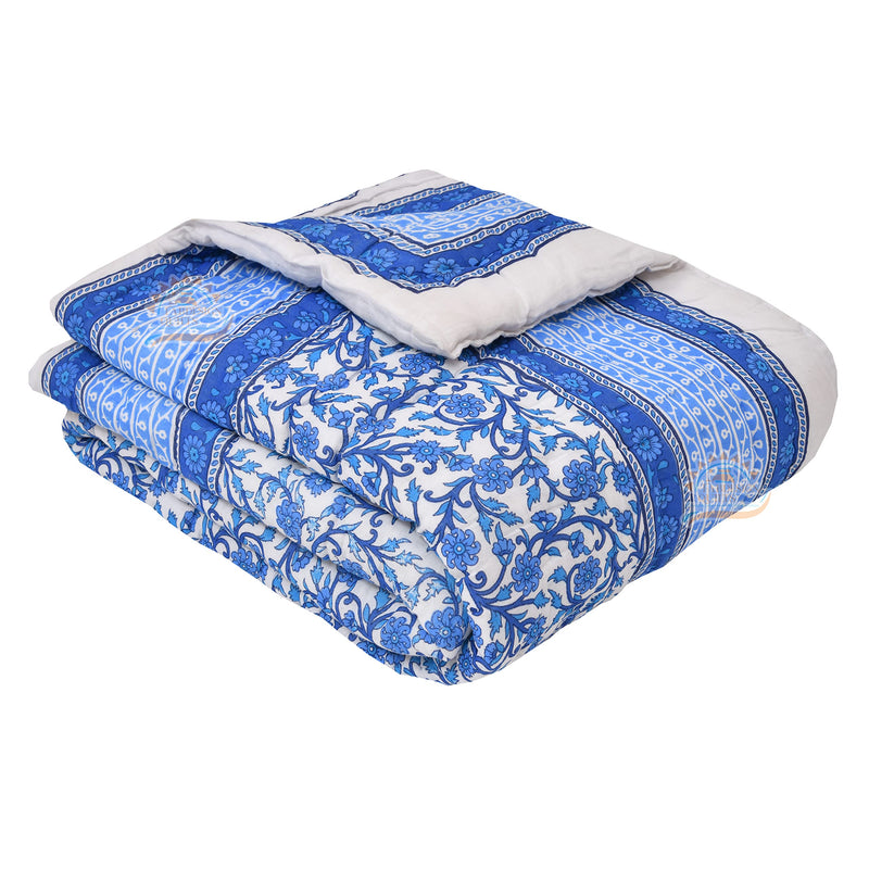 FABDESIGN QUILTS Jaal Block Print Quilt | Single Bed Cotton Traditional Floral Printed Razai | Lightweight Bedding Quilts | Winter Heavy Quilt Blanket(55X85inch) (Blue)