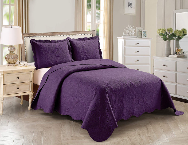 Home Collection 3pc King/Cal King Over Size Elegant Embossed Bedspread Set Light Weight Solid Dark Purple New