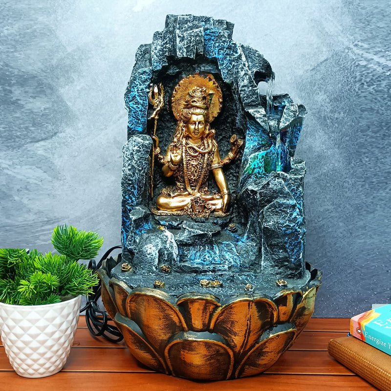 WENS Lord Shiva Polyresin Table Top Indoor Outdoor Water Fall Fountain with LED Lights Multicolour