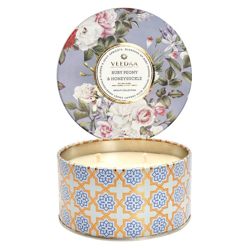 VEEDAA Ruby Peony & Honeysuckle 3 Wick Tin Soy Wax Scented Candle (Burns 40 Hours)