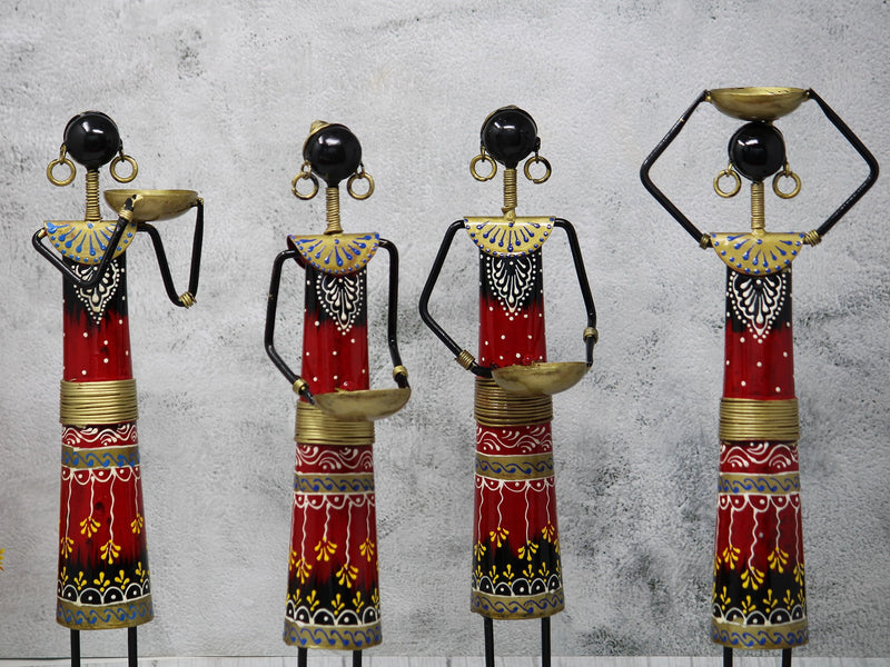 JH Gallery Handmade Handcrafted Wrought Iron Tribal Village Lady Doll Nerga Worker Showpiece Decorative Items for Home Décor (Length 3 inch *Height 13.5 inch) Set of 4 pcs