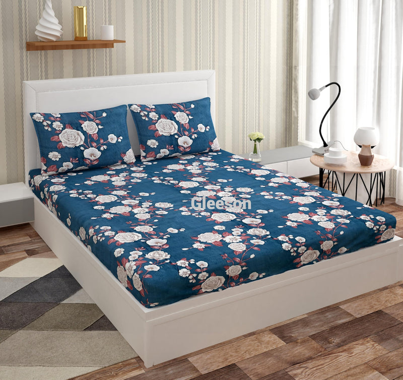 Gleeson Fitted Double Bedsheet Cotton 72"x72"|All Round Elastic Double Bed Sheet|Cotton Bedsheets with Elastic with 2 Pillow Covers|Cotton Double Fitted Bed Floral Print Sheets Fit Upto 8 Inches