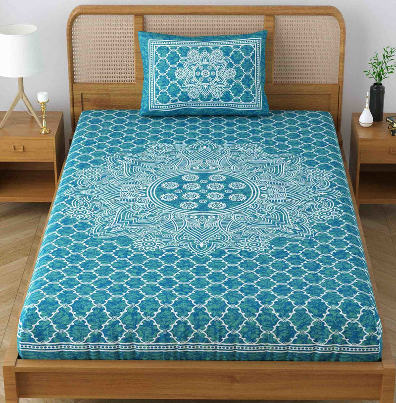 Colorish 120 TC Cotton Blend Mandala Jaipuri Printed Bedsheet for Single Bed with 1 Pillow Cover, Sea Green