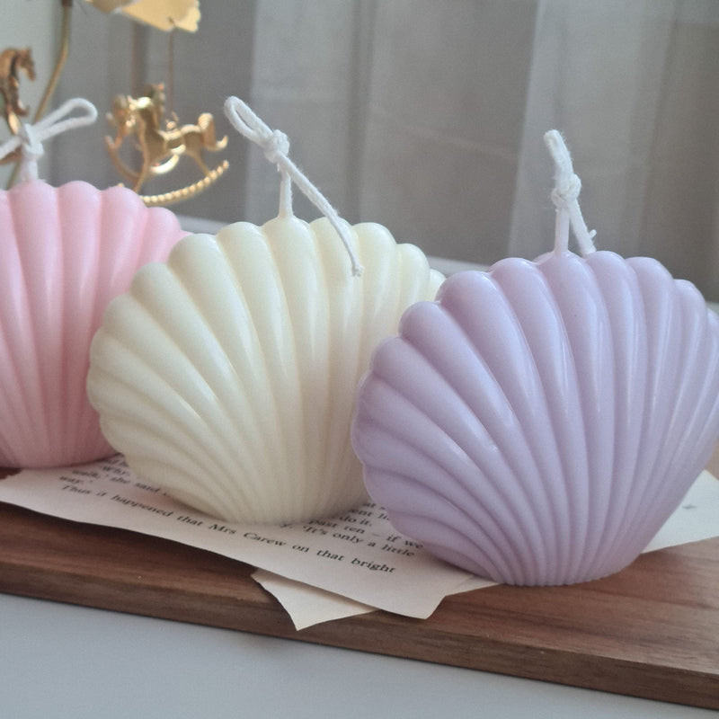 THE UMBRELLA STORE Sea Shell Candle Set of 3, Unscented, 100% Soy Wax-Pink, White and Lavender