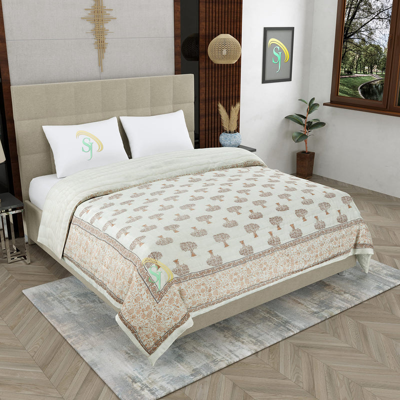 SJ Art & Crafts 410 TC Double Bed Organic Cotton Jaipuri Razai Bed Blanket Ac Quilt Soft Rajasthani Traditional Rajai Cotton Comforter 86 x 105 Cream Mango Tree