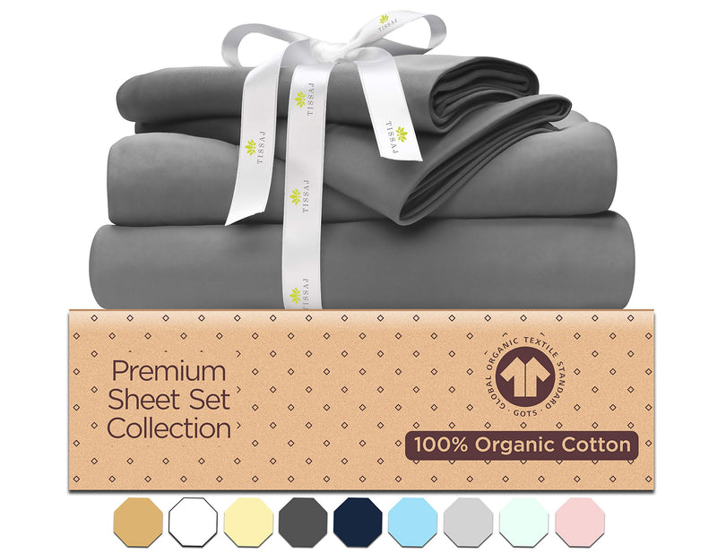 500-Thread-Count Organic Cotton Bed Sheets-Set - 500TC Queen Size Gray - 4 Piece Bedding - 100% GOTS Certified Extra Long Staple, Soft Sateen Weave Bedsheets - Fits 15" Deep Pocket Mattress