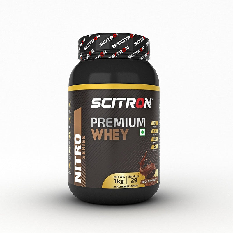 SCITRON Nitro Series PREMIUM WHEY (21g Protein, 6.4g BCAAs, 13.4g EAAs, 0g Sugar, 29 Servings) - 1kg (Rich Chocolate)