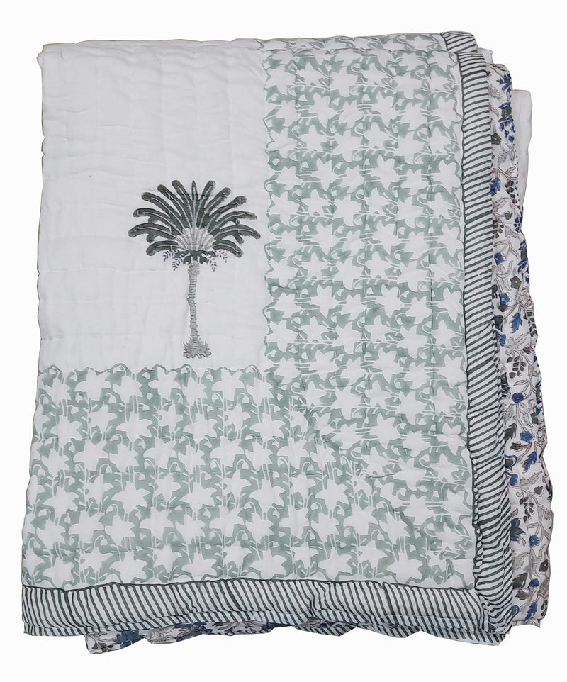 Handicraftworld Super Soft Pure Cotton Traditional Sanganeri Print Double Bed Jaipuri Razai Quilt (90 x 103 Inch/King Size, Off White) with Bag