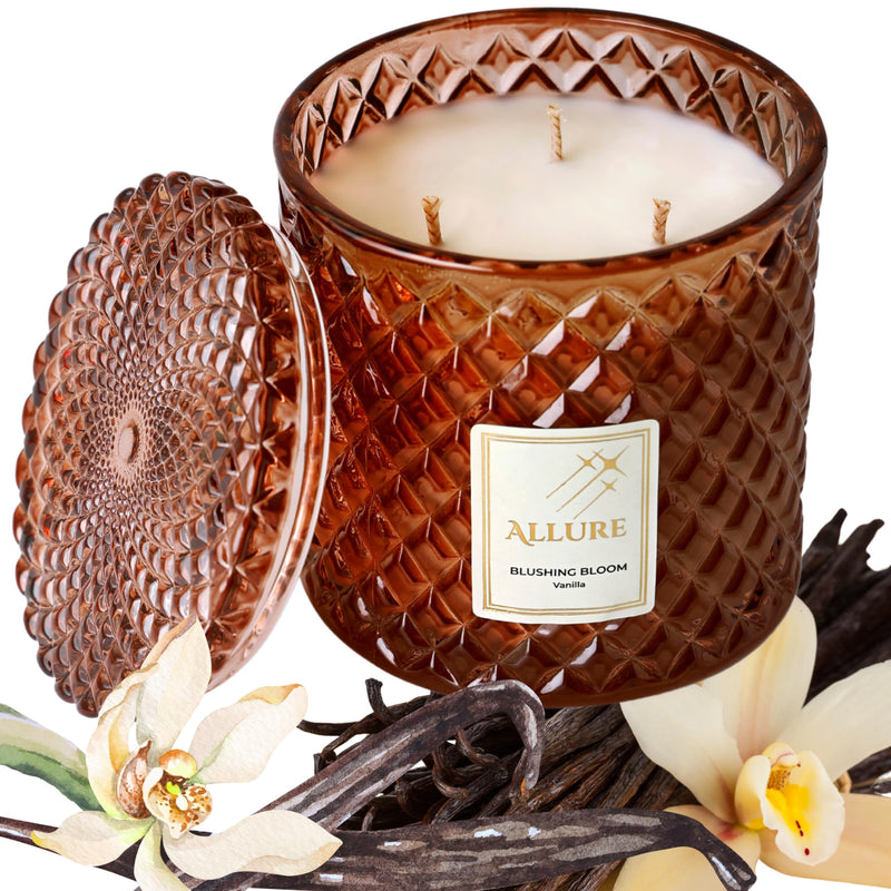 Allure Living Blushing Bloom - Luxury Vanilla Soy Candles | Large 3 Wick Jar Candle | Up to 60 Hours Burning Time | Natural Soy Wax | Relaxing Aromatherapy Aesthetic Candle | Scented Candle