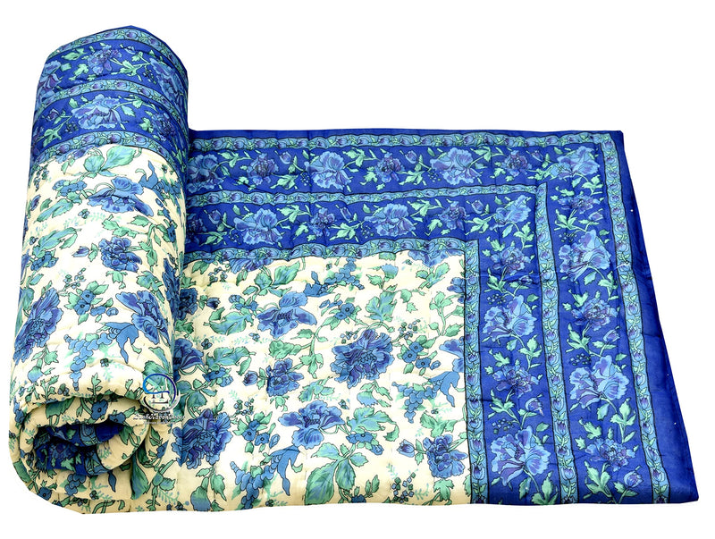 HASHIREX 300 TC Single Bed Organic Cotton Jaipuri Razai Bed Blanket Ac Quilt for Winter and Summer Soft Light Weight Rajasthani Traditional Rajai Cotton Comforter 85 x 55 inch Blue, Pack of 1