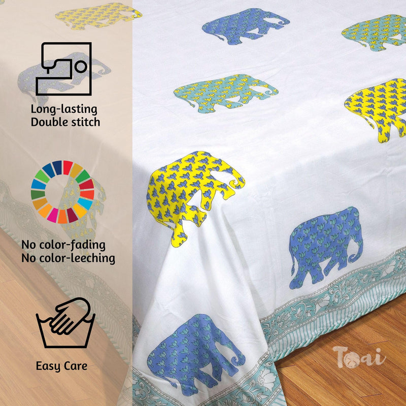 TOAIArt Jaipuri Dohar Quilt for Summer Hand Block Printed 3 Layers Reversible 100% Mulmul Cotton Flannel Filling Single Size 60” X 90” Elephant (White Blue Green Yellow)