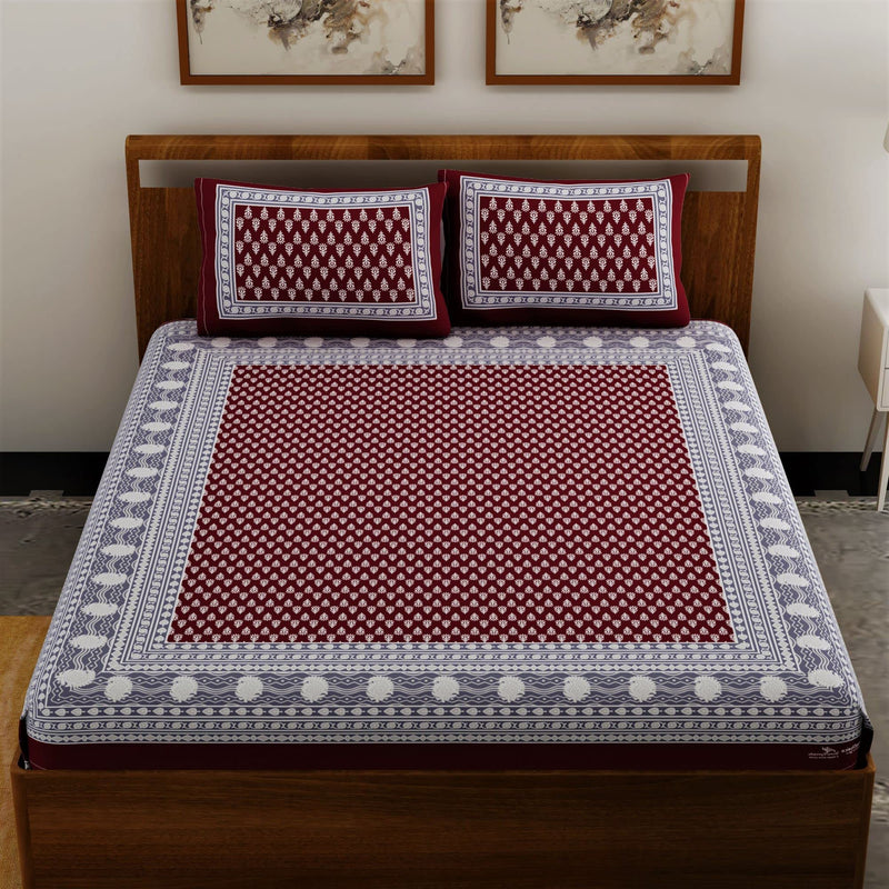 UniqChoice Maroon Color Rajasthani Traditional Printed Double Bedsheet | 120 TC 100% Cotton |with 2 Pillow Cover