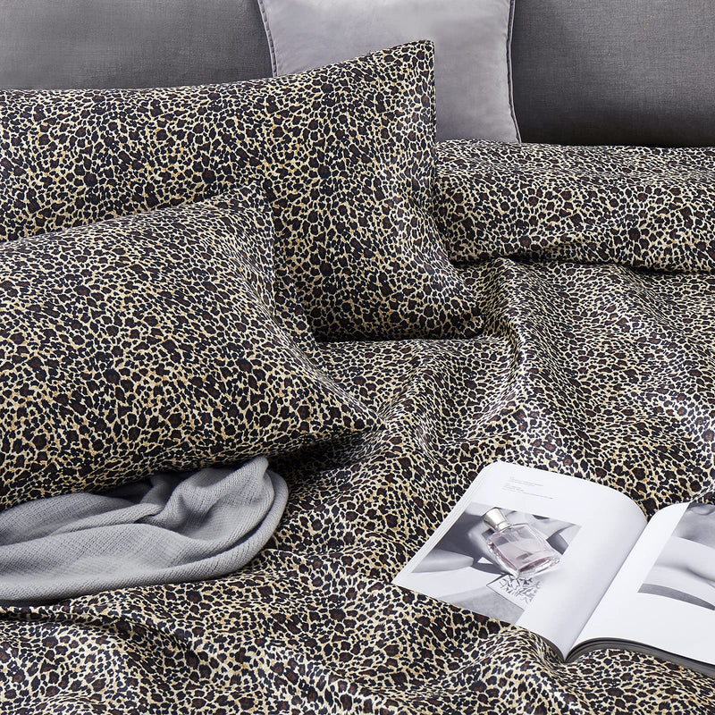 Vonty Satin Sheets King Size Silky Soft Satin Bed Sheets Leopard Print Satin Sheet Set, 1 Deep Pocket Fitted Sheet + 1 Flat Sheet + 2 Pillowcases