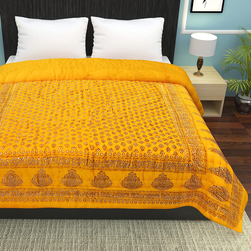 HANUMANT Jaipuri Razai | Organic | Pure Cotton| Sanganeri Print Ac Quilt for All Season Soft, Light Weight Rajasthani Cotton Quilt Single Bed (Yellow Beauty, Double Bed)