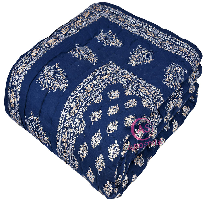 THROWS HOME DECOR 400 TC Double Bed Organic Cotton Jaipuri Razai Bed Blanket Ac Quilt for Winter and Summer Soft Light Weight Rajasthani Traditional Rajai 85 x 100 inch Blue, Pack of 1