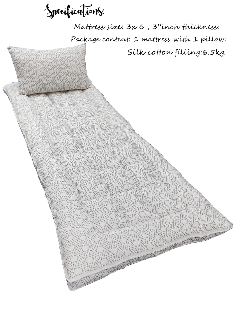 VG MATTRESS-Organic Kapok Silk Cotton ilavam Panju Single Floor Bed Mattress with 1 Pillow (Size: 6 x 3 ft /72 x 36 x 3 Inch)