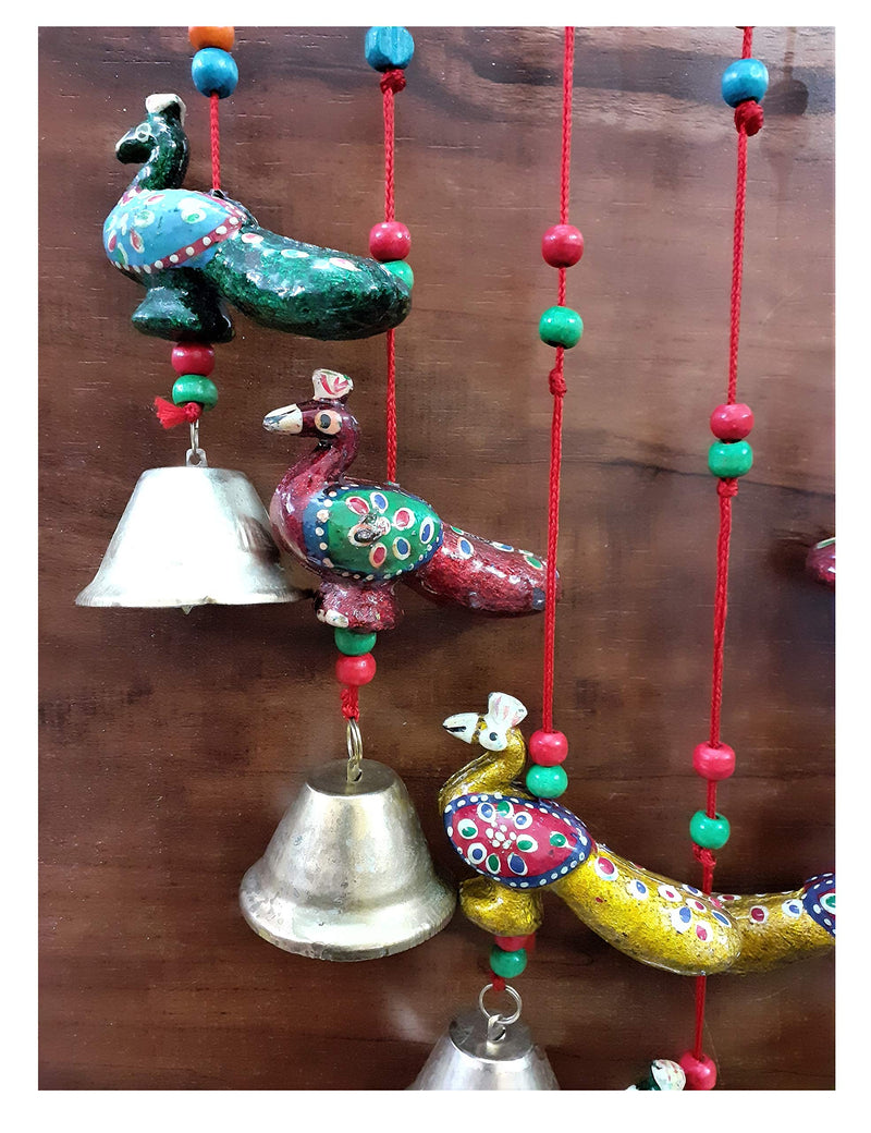 Antique Home Decor Wooden Hand painted and Handmade Hanging Wind Chimes Pieces (Multicolour) Handcrafted Decorative Wall/Door/Window Hanging Bells (Bell) Peacock