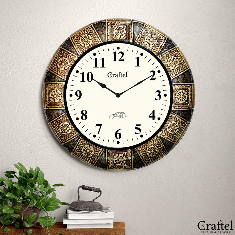 Craftel Brass Embossed Analog Wall Clock Round Decorative Clock for Bedroom Living Room Home and Office (Gold_18 Inch X 18 Inch)