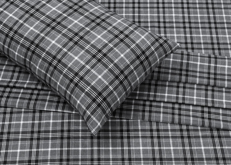 RUVANTI 100% Cotton 4 Pcs Flannel Sheets Full, Deep Pocket, Warm, Super Soft, Breathable, Moisture Wicking Full Size Sheet Sets, Bed Sheets Include Flat, Fitted Sheet,2 Pillowcase - Grey Plaid