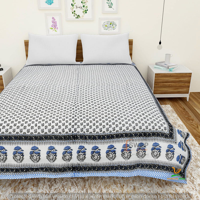 Namaste India Light Weight Reversible Both Side use Double Bed Soft Jaipuri AC Quilt/Razai Designer Blue booti Cotton Quilts Blankets for Home (Size 90X105 Approx inch)