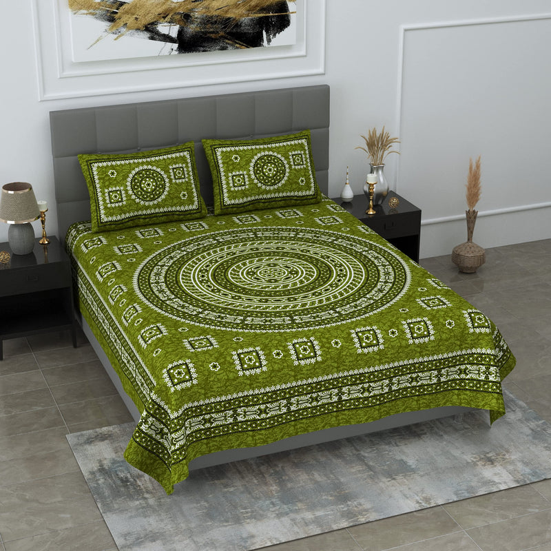 SheetKart Mandala Floral Print 144 TC Cotton Double Bedsheet with Pillow Covers - Green