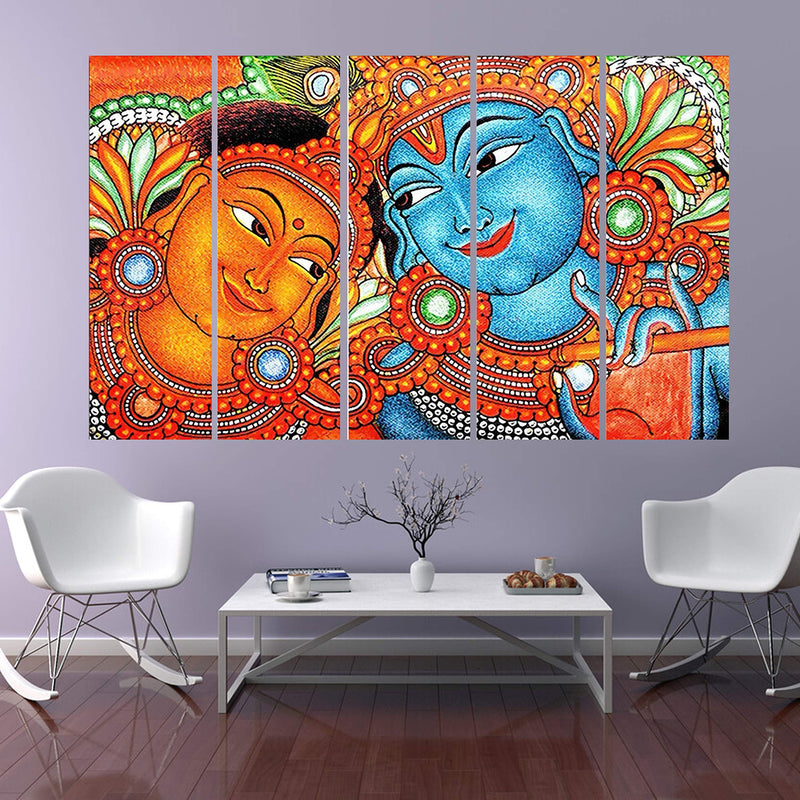 KYARA ARTS Multiple Frames, Beautiful Kerala Mural Art Krishna Radha Wall Painting for Living Room, Bedroom, Office, Hotels, Drawing Room Wooden Framed Digital Painting (50inch x 30inch)