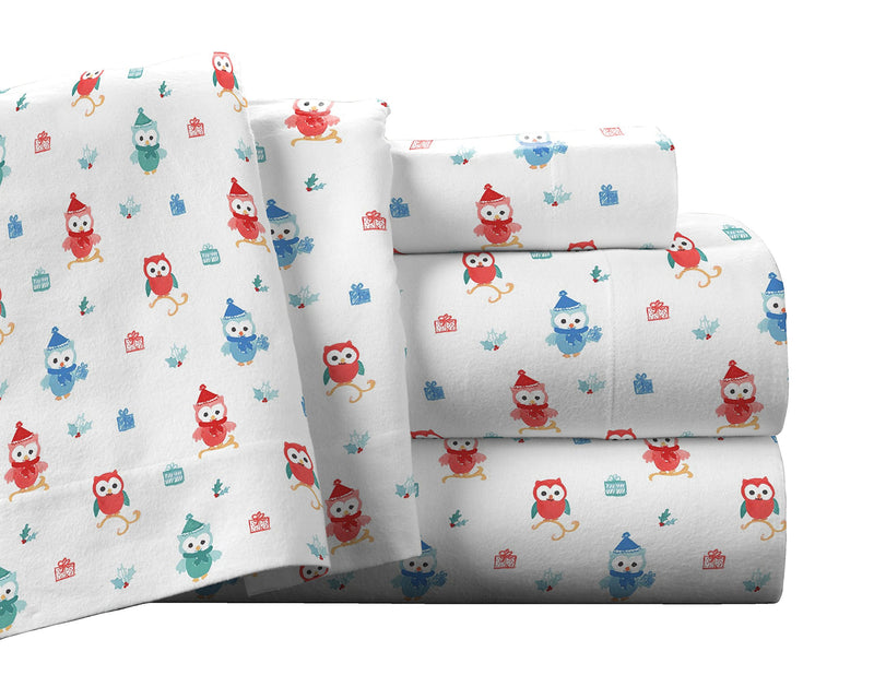 Pointehaven Flannel Deep Pocket Sheet Set with Oversized Flat Sheet, Full, Owl