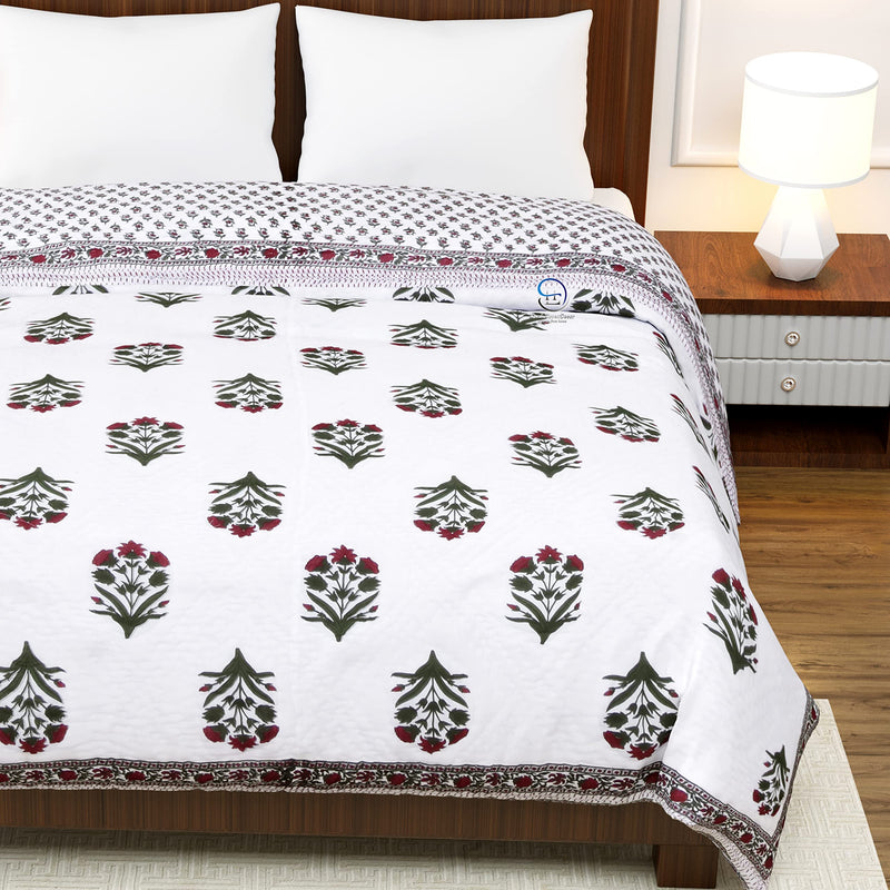 AUROSTYLE 400 TC Jaipuri Light Weight Pure Cotton Traditional Hand Block Big Flower Print Double Bed Quilt/Razai/Rajai (White & Green, 90 x 108 Inches, Double Bed)