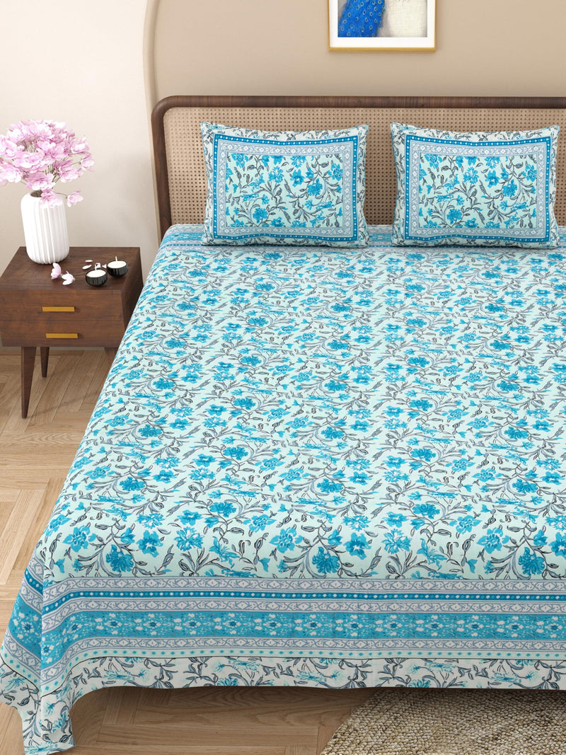 WestNic Jaipuri Print 100% Pure Cotton King Size Bedsheet Set for Double Bed with 2 Cotton Pillow Covers | 400 TC (Thread Count) | Size 90 X 108 Inches, 7.5 Feet by 9 Feet (Mint Blue)