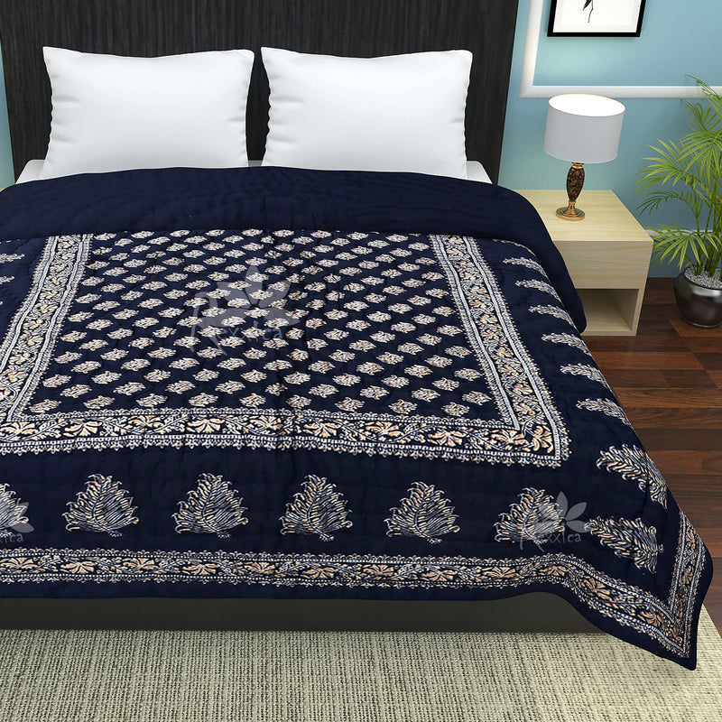 Rexxica 100% Pure Cotton Jaipuri Razai/Rajai Traditional Double Bed Quilt Blanket - 85 X 100 inch (Blue)