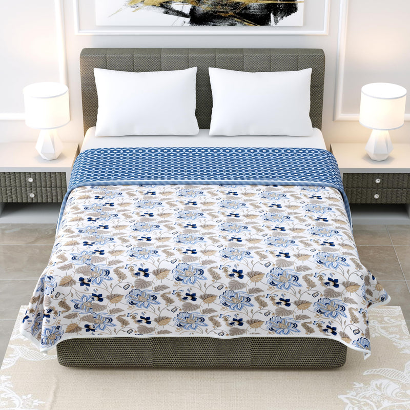 Dream Homme Pure Cotton Soft Reversible Printed Lightweight Dohar Single Bed Cotton | Blanket Single Bed (Floral Blue), Pack of 1