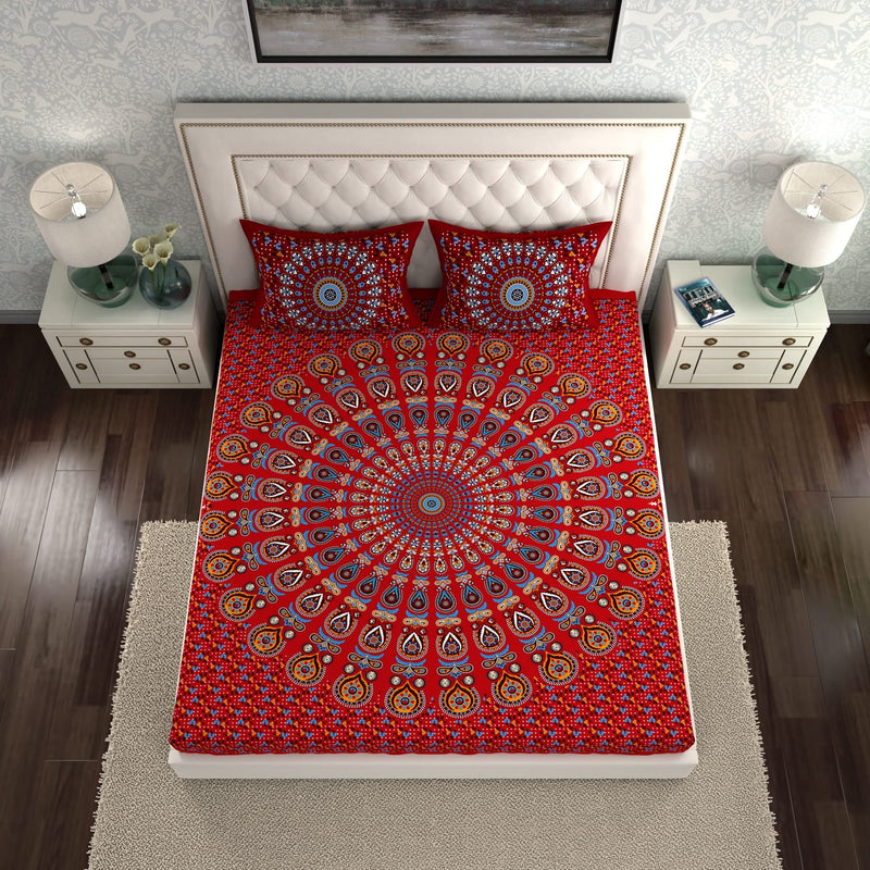 La Verne104 TC 100% Cotton Jaipuri Rjasathani Hand Print Bedsheet with 2 Pillow Covers (Red)