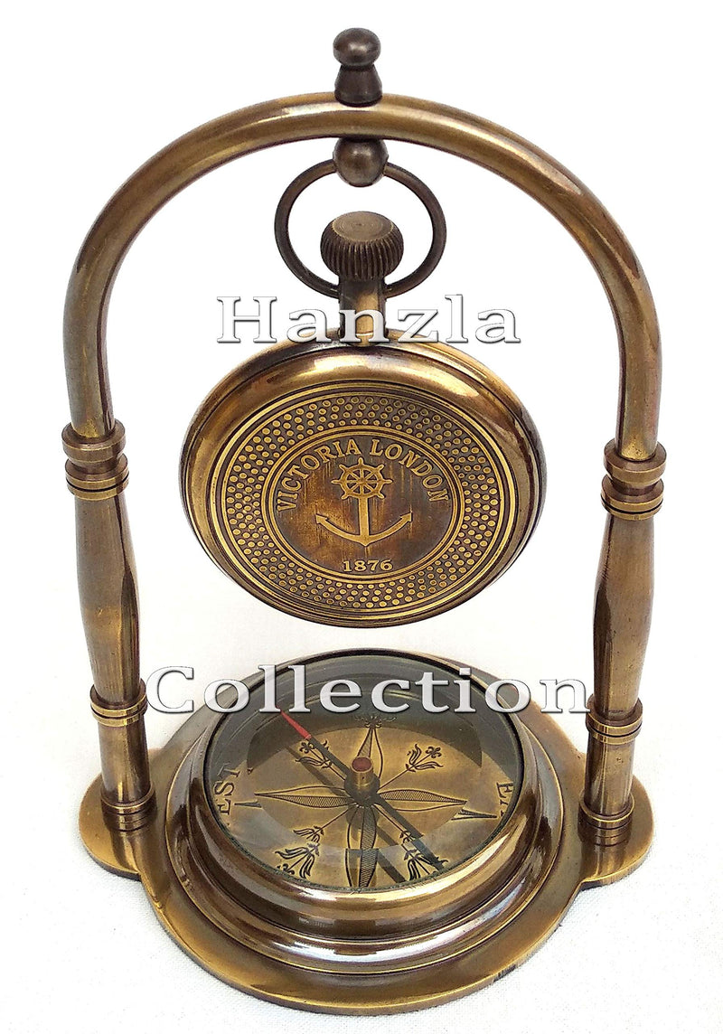 Hanzla Collection Nautical Clock Ship Table Clock Brass and Glass Desk Clock Maritime Compass with Antique Victoria London Pocket Watch, Brown, 3.5 x 3 x 5.5 Inches