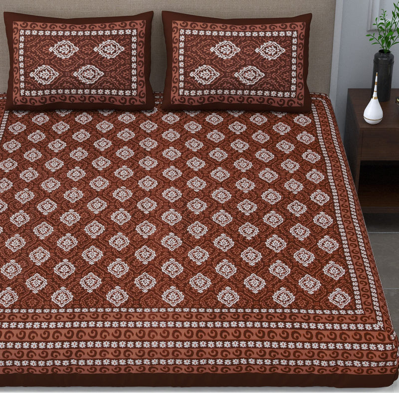 SheetKart Dabu Motif Cotton Double Bedsheet Jaipuri Printed Bed Cover with 2 Pillow Covers - Brown