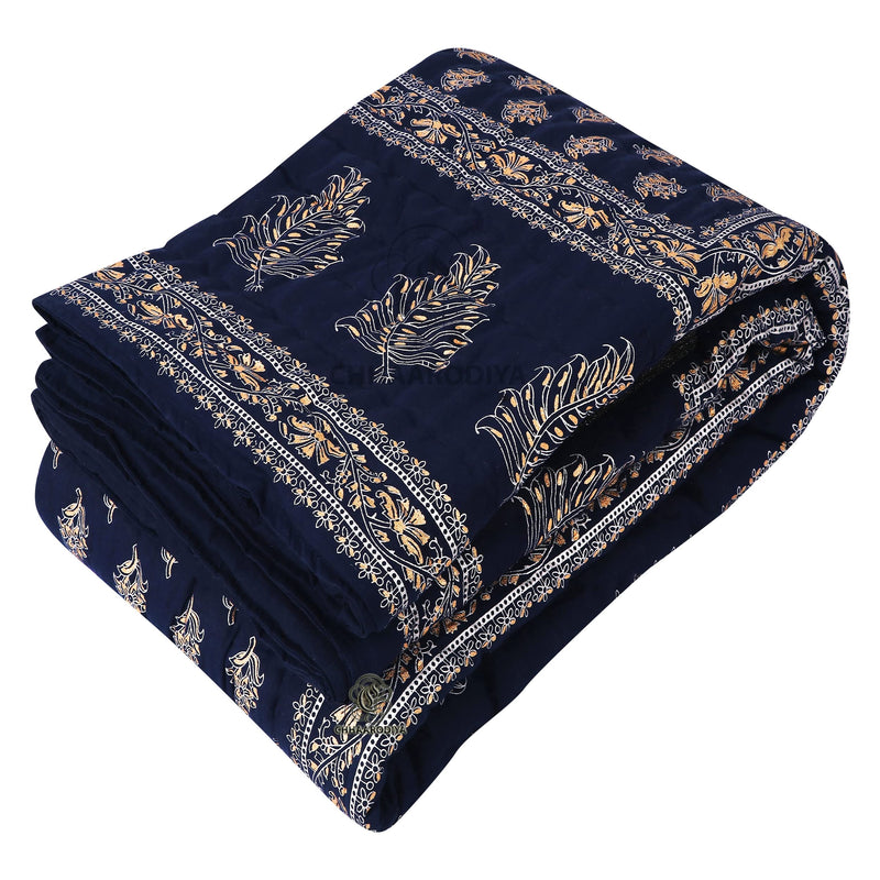 LILFLY Jaipuri Rajasthani Traditional Pure Cotton Single Bed Soft Jaipuri AC/Winter Quilt/Razai. (55 X 85 inch Stitch Including, Set of 1, Reversible, Lightweight) (BOOTI-1-DARK Blue)