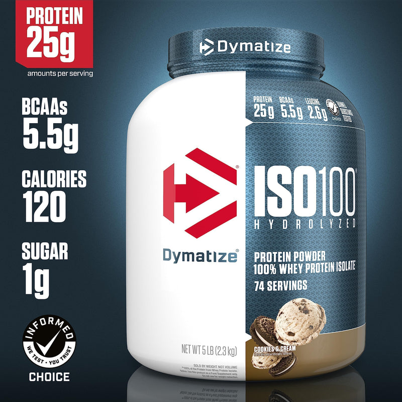 Dymatize Nutrition ISO 100 5 lbs Whey Protein Powder with Hydrolyzed 100% Whey Protein Isolate, Gluten Free, Fast Digestion, Cookies & Cream, 2.26 Kg