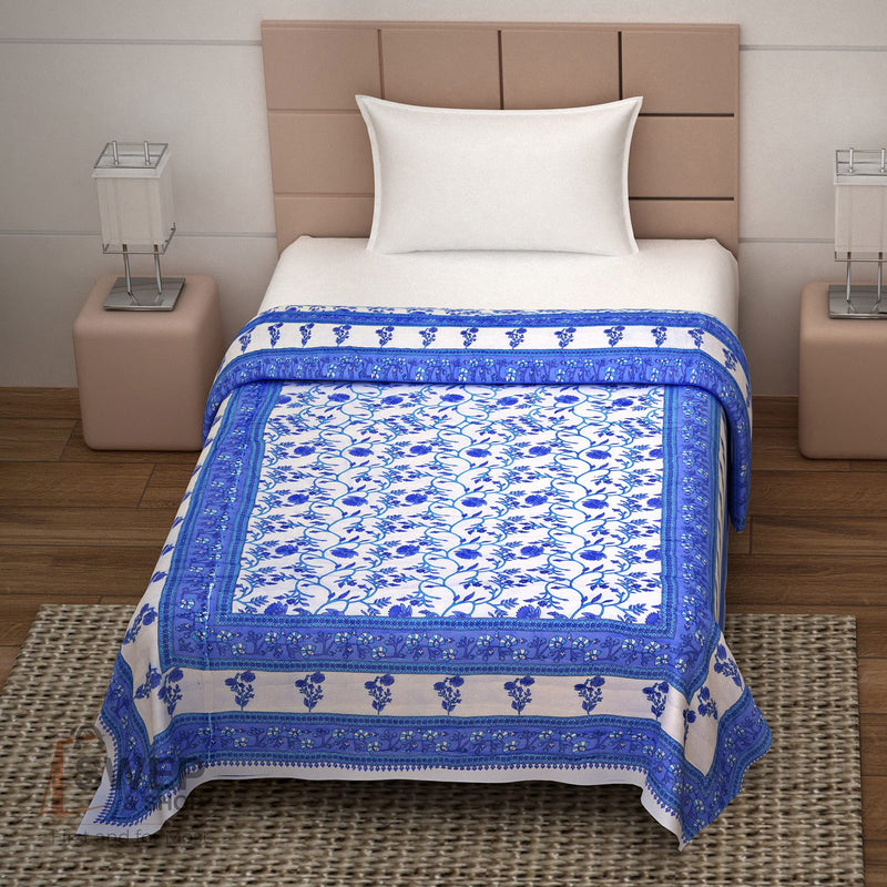 Namaste India World Famous Light Weight Cotton Reversible Floral Print Single Bed Razai (Blue and White)