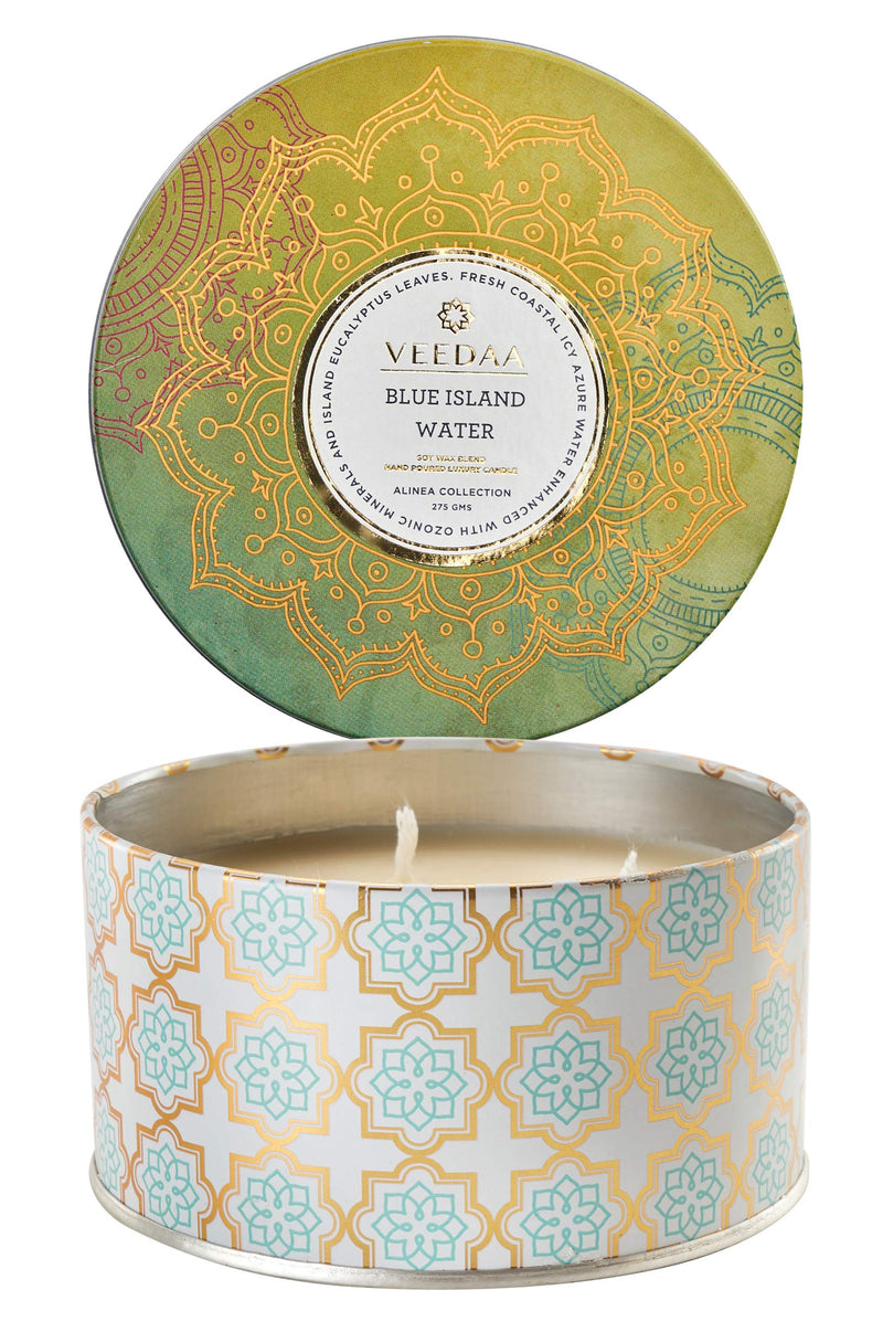 VEEDAA Blue Island Water 3 Wick Tin Soy Scented Candle (Burns 40 Hours)