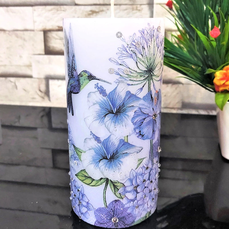 Bella Vista - Hand Made Decorative/Designer Candle (with decoupage Art), Packed in Gift wrap, for Home Decor and Gifting, Wt 625 GMS, Dim: 3x6 inch (Hummingbird)