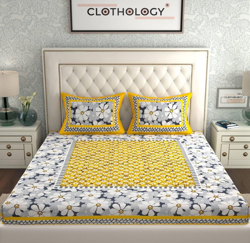 CLOTHOLOGY 144 TC 100% Cotton Double Bed Size/Queen Size Bed Printed Flat Bedsheet with 2 Pillow Covers, (Pack of 1), Popularly Known as (90x100) Bed Sheet Double Bed Cotton