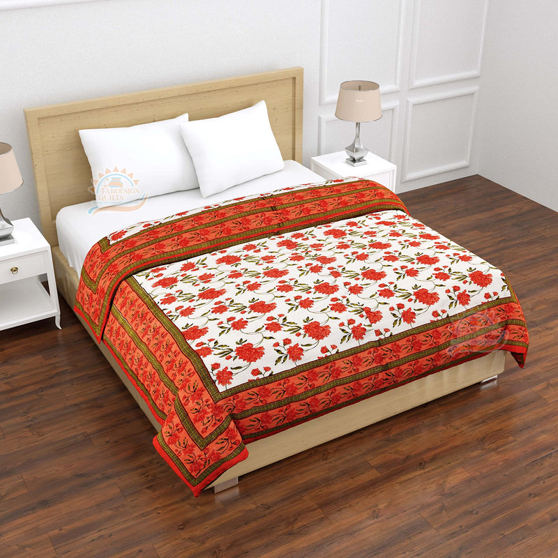 LOARSHY Pure Cotton Hand Floral Palm Printed Quilt | Lightweight and Warm Jaipuri Rajasthani Double Bed Razai | Soft Razai for Winters | Gift Item for Family and Friends (Orange, Pack of 1)