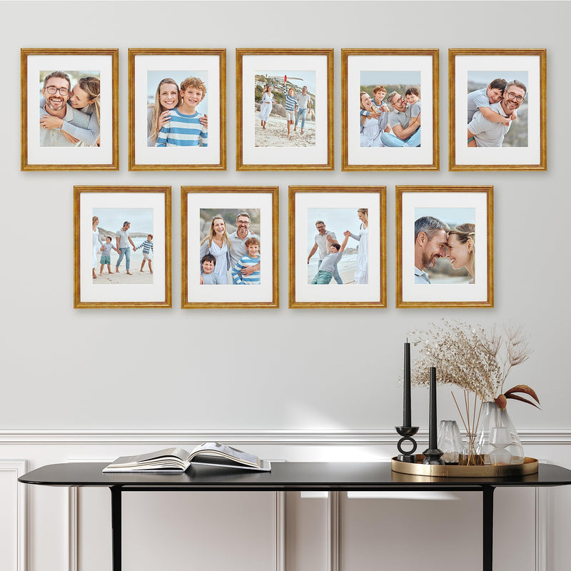 Sheffield Home 9 Piece Gallery Wall Frame Set, 11x14 Inch, Matted to 8x10 Inch, Beaded Antique Brass